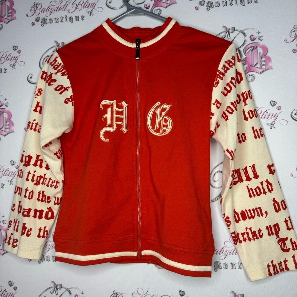 Her grace sweater zip up orange cream tattoo style writing on arms cute stretch